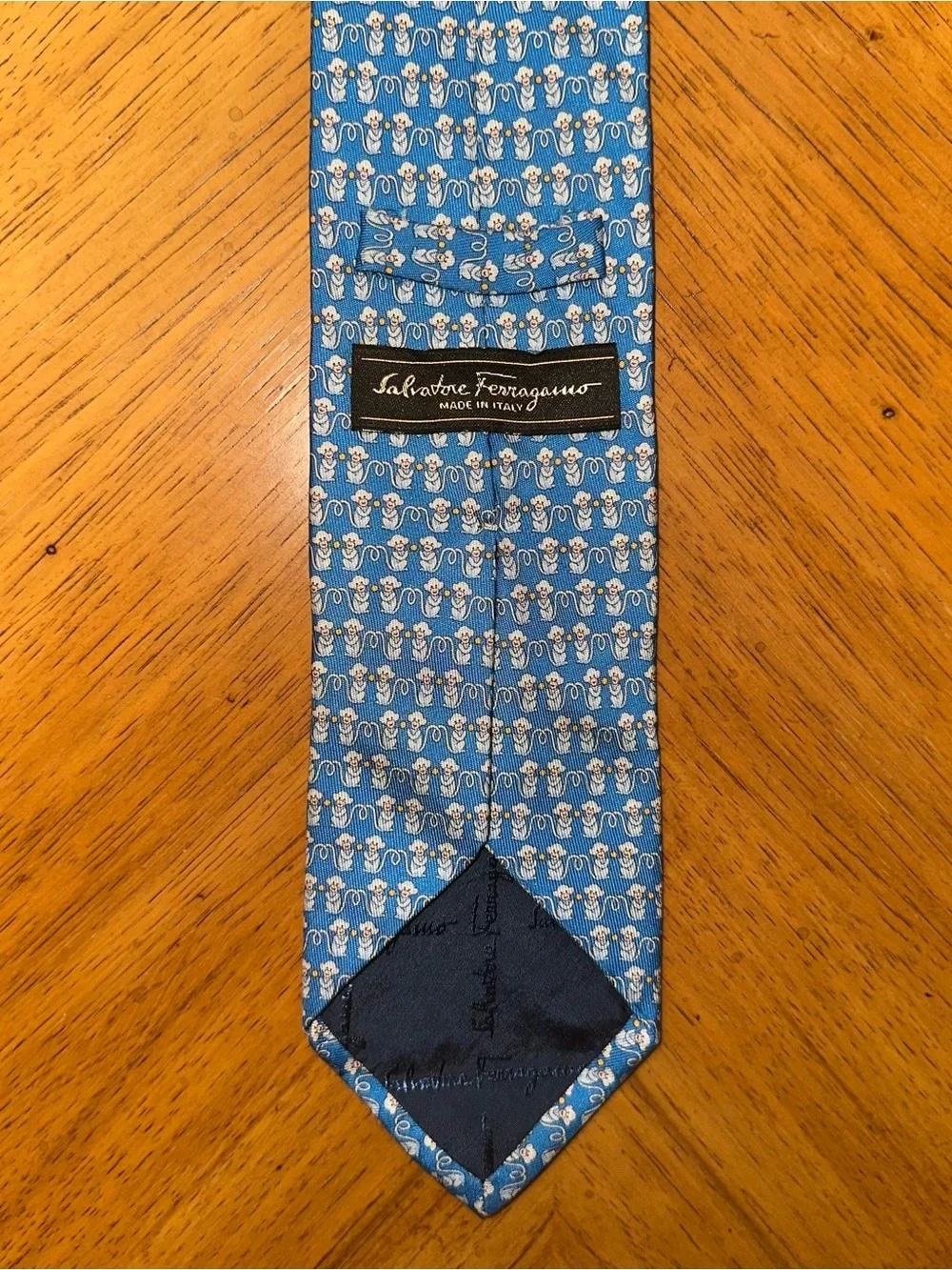Salvatore Ferragamo Mens Silk Tie Blue Monkey Animal Print Made in Italy